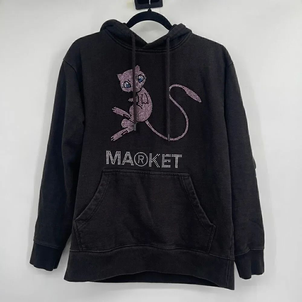 Market Black Long Sleeve Pokemon Mew Rhinestone Pullover Hoodie Medium